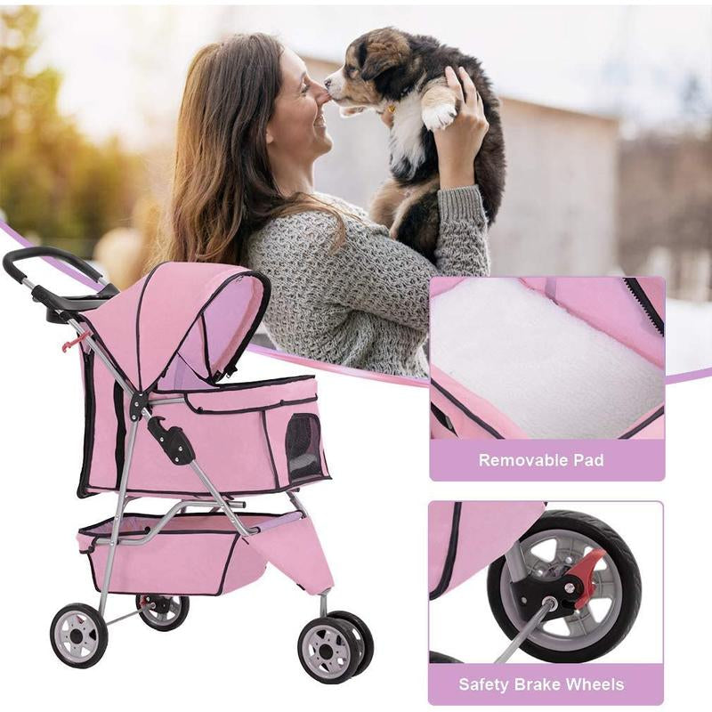 3-Wheel Pet Stroller (Pink) β Foldable Dog & Cat Carrier with Cup Holder & Waterproof Liner