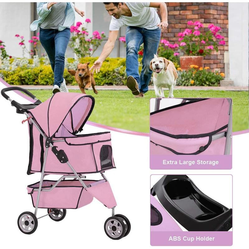 3-Wheel Pet Stroller (Pink) β Foldable Dog & Cat Carrier with Cup Holder & Waterproof Liner