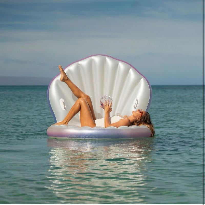 Giant Inflatable Seashell Pool Float β Oyster Lounge with Glitter Pearl Ball & Cup Holder (Fits 1β2 People, 400 lb Capacity)