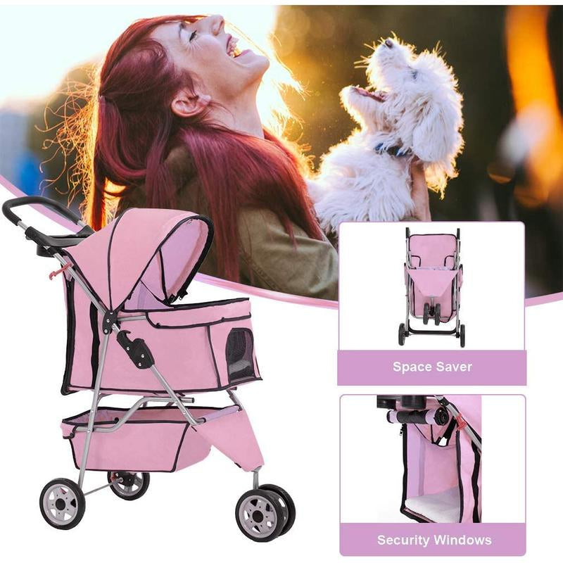 3-Wheel Pet Stroller (Pink) β Foldable Dog & Cat Carrier with Cup Holder & Waterproof Liner