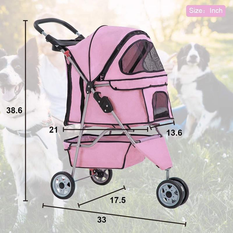 3-Wheel Pet Stroller (Pink) β Foldable Dog & Cat Carrier with Cup Holder & Waterproof Liner