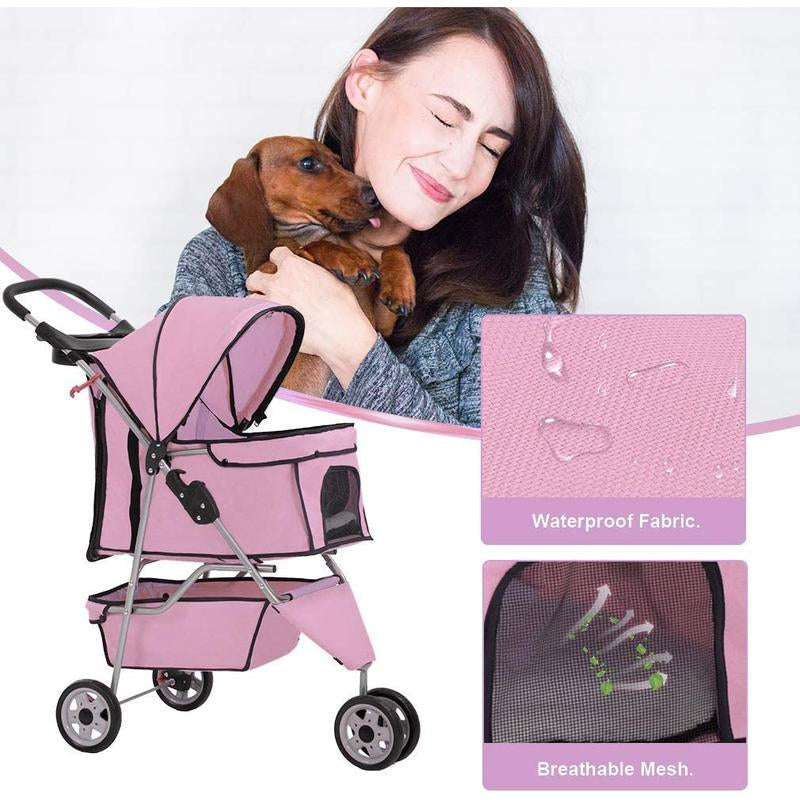 3-Wheel Pet Stroller (Pink) β Foldable Dog & Cat Carrier with Cup Holder & Waterproof Liner
