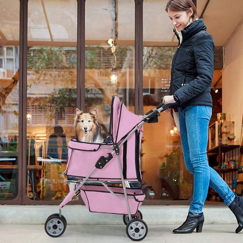 3-Wheel Pet Stroller (Pink) β Foldable Dog & Cat Carrier with Cup Holder & Waterproof Liner