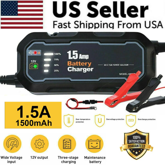 12V Smart Car Battery Charger – Portable 1.5A Trickle Maintainer for Vehicles