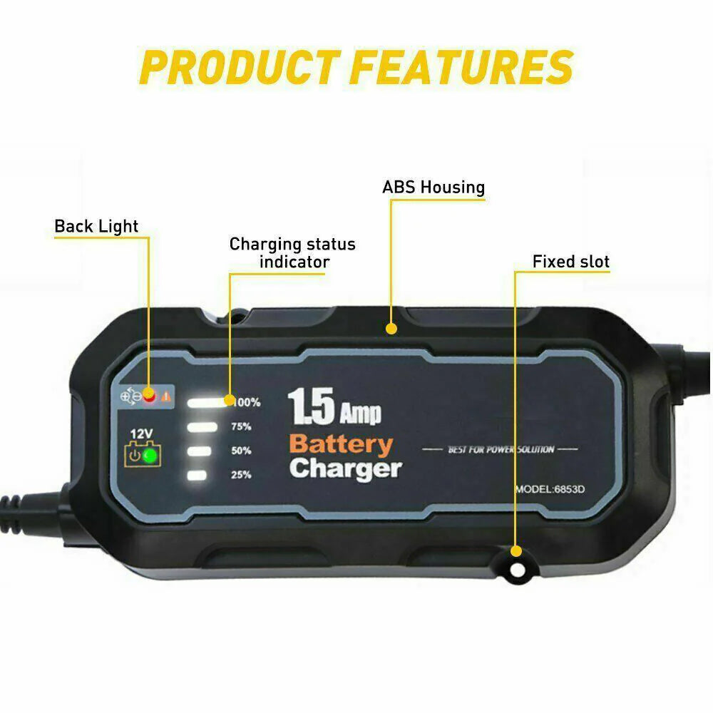 12V Smart Car Battery Charger – Portable 1.5A Trickle Maintainer for Vehicles