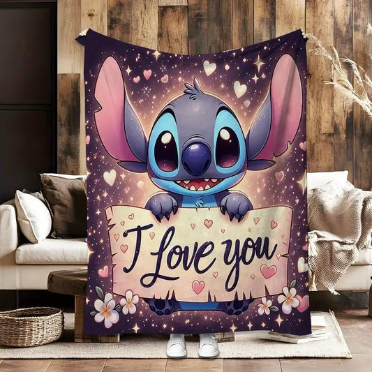 Disney Stitch Flannel Blanket – “I Love You” Star & Heart Print | Soft All-Season Throw for Kids, Fans & Cozy Decor