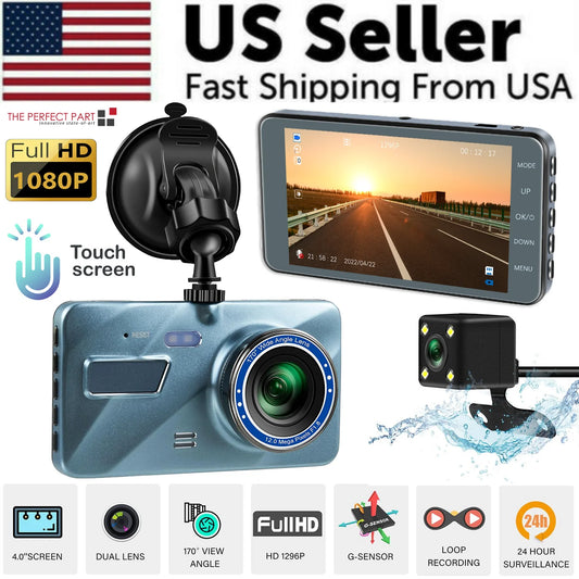 1080P Dual Lens Dash Cam – 4” Touch Screen Car DVR Recorder (Front + Rear Camera)