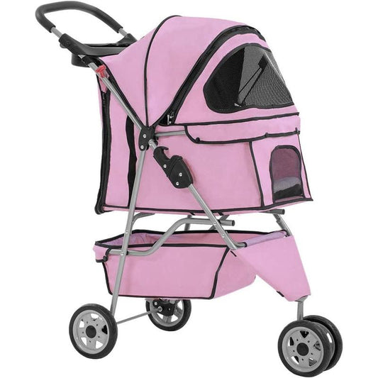 3-Wheel Pet Stroller (Pink) – Foldable Dog & Cat Carrier with Cup Holder & Waterproof Liner