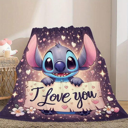 Disney Stitch Flannel Blanket – “I Love You” Star & Heart Print | Soft All-Season Throw for Kids, Fans & Cozy Decor